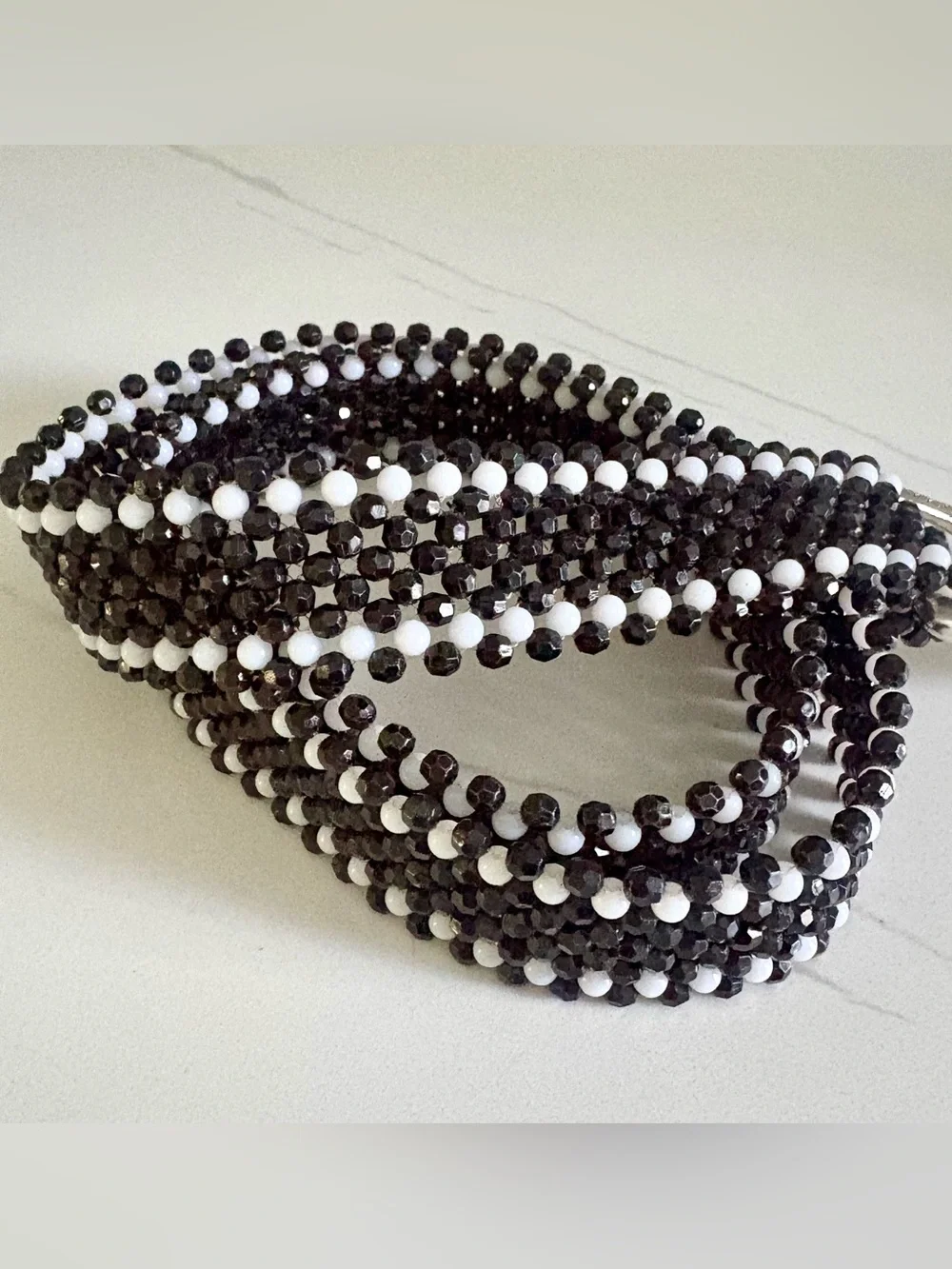 Vintage Black White Beaded Western Belt Woven Boho Statement 44” Adjustable 1.5”